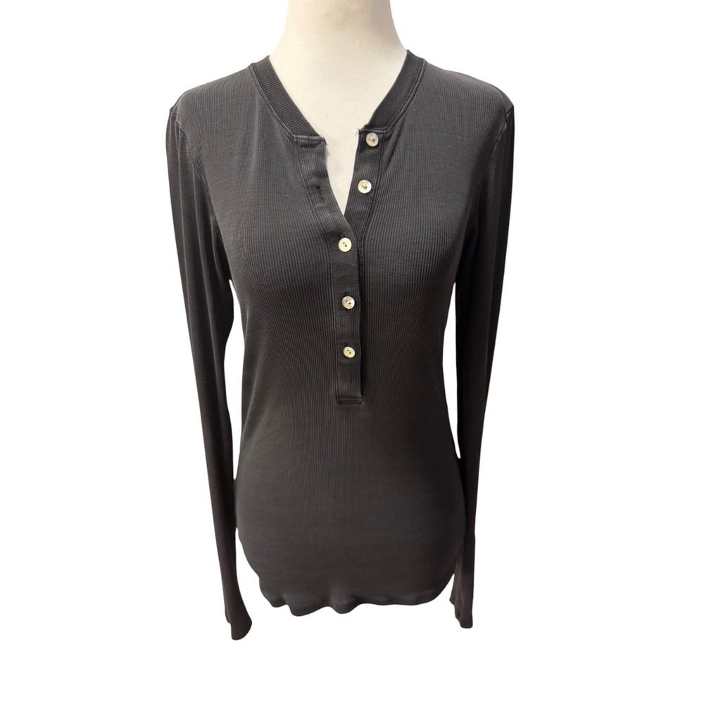 Good American Womens Ribbed Henley Long Sleeve Top Black GT0369BVN Small